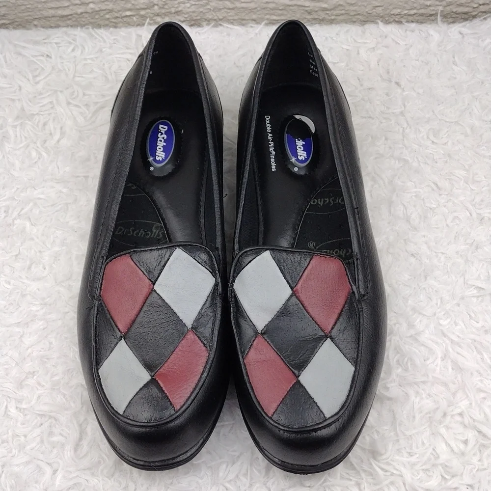 Dr Scholl's Double Air-Pillo Black Argyle Design Leather Upper Slip On Loafer